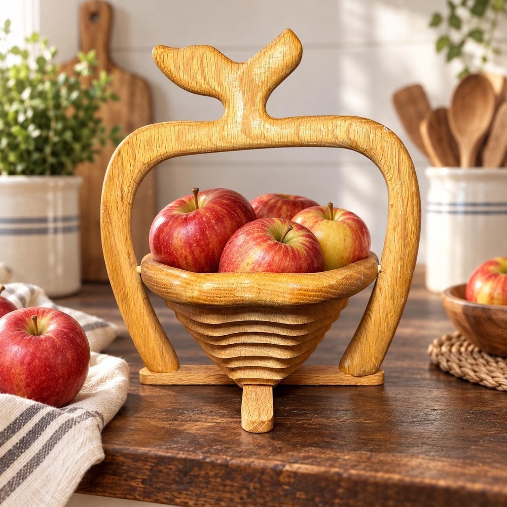 Handcrafted Wooden Apple Collapsible Basket Fold Flat Fruit Bowl Rustic Country